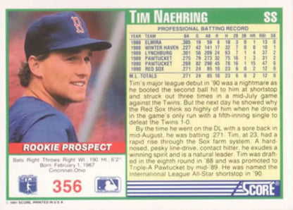 Baseball card of Tim Naehring in a navy blue cap for Red Sox collectors