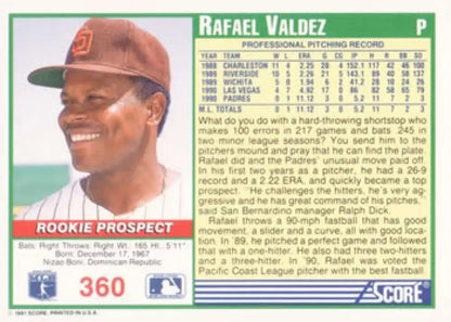 Baseball card of Rafael Valdez, San Diego Padres player from the early 1990s