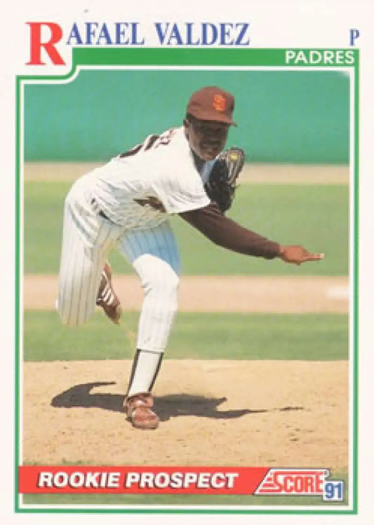 Baseball card of San Diego Padres pitcher Rafael Valdez in white pinstriped uniform