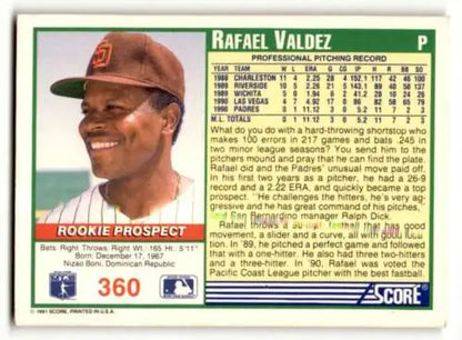 Rafael Valdez San Diego Padres baseball card with original gloss from 1991 Score