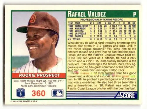 Rafael Valdez San Diego Padres baseball card with original gloss from 1991 Score #360