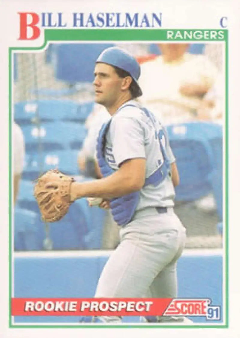 Texas Rangers baseball card featuring rookie catcher Bill Haselman in white uniform and blue cap