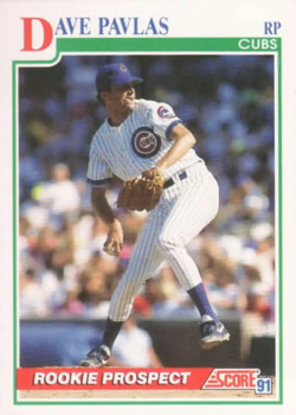 1991 Score baseball card of Dave Pavlas, Chicago Cubs pitcher in delivery