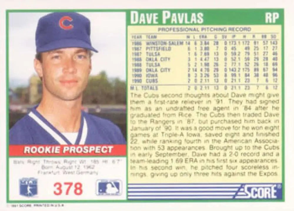 Baseball card of Dave Pavlas in Chicago Cubs blue cap and uniform from 1991 Score