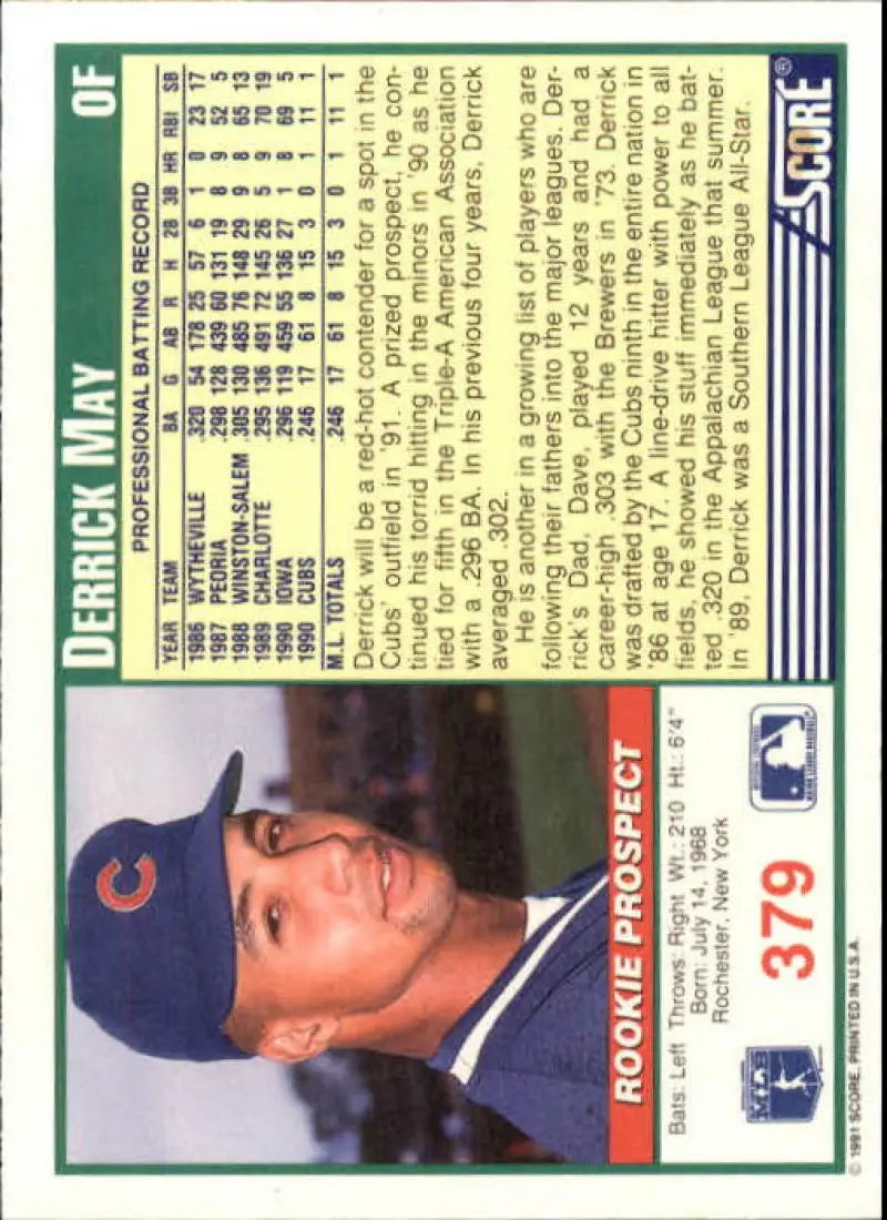 1991 Score #379 Derrick May baseball card featuring Chicago Cubs player