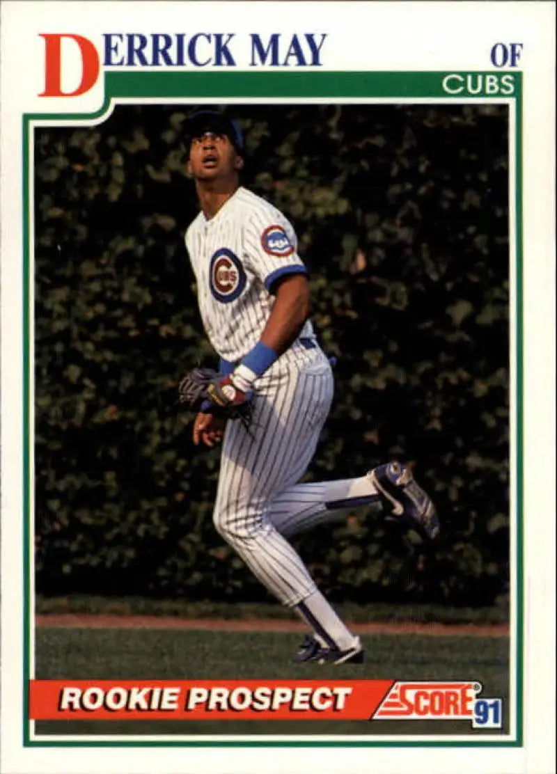 Chicago Cubs baseball card of Derrick May in white pinstriped uniform from 1991 Score