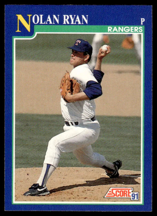 Nolan Ryan Texas Rangers baseball card showcasing pitcher in mid-throwing motion