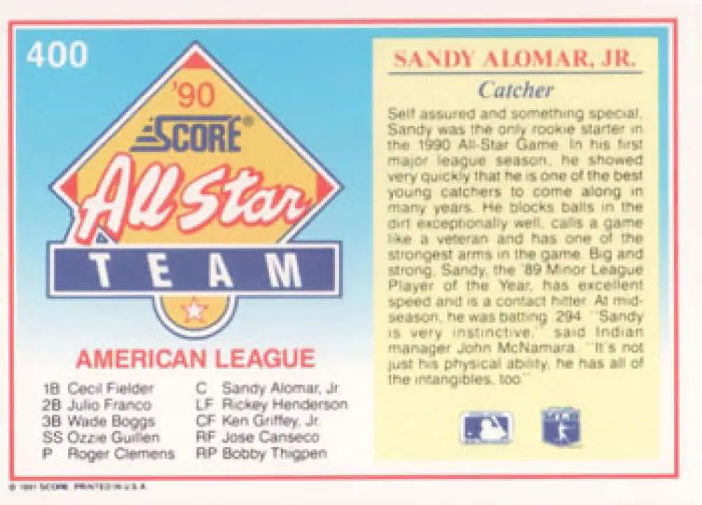 1990 MLB All-Star Team baseball card featuring Sandy Alomar, Cleveland Indians player