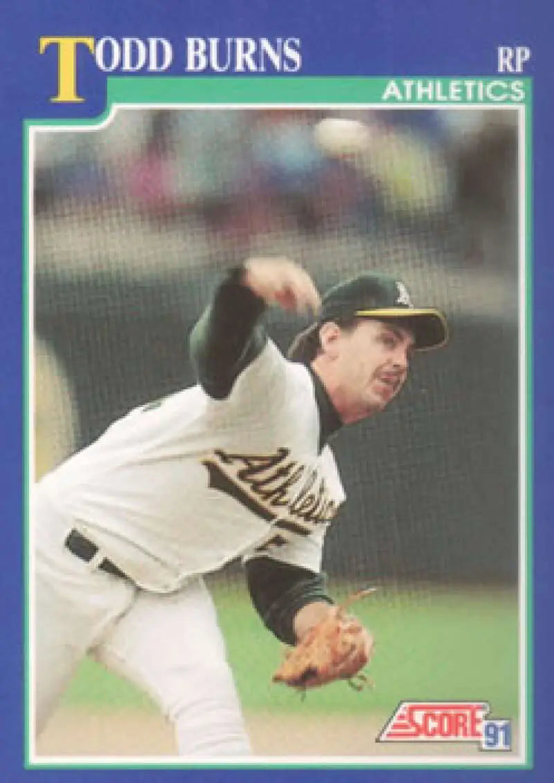 Baseball card of Todd Burns in mid-throwing motion for Oakland Athletics