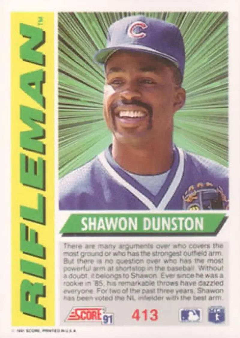 Chicago Cubs Baseball Card featuring Shawon Dunston in a purple jersey and green background