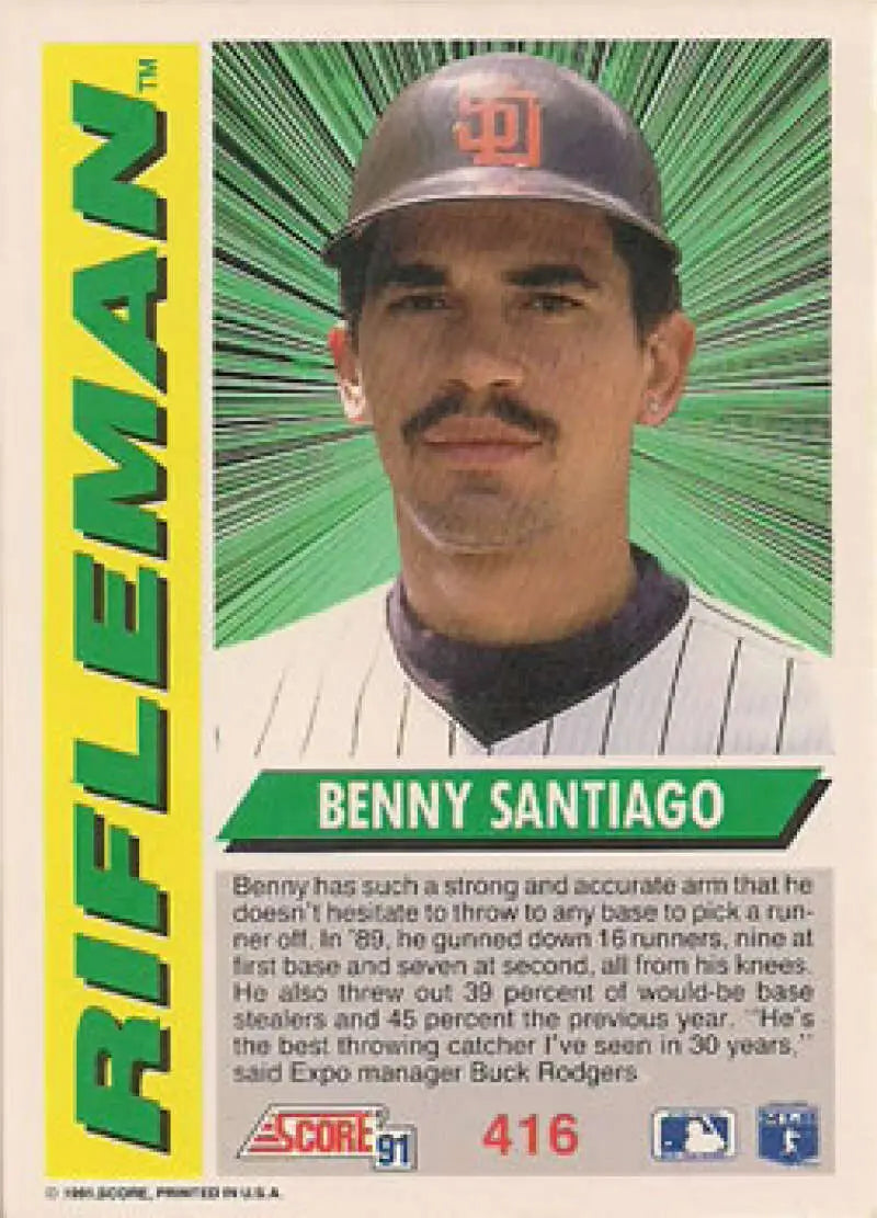 Baseball card of Benito Santiago in pinstriped uniform for San Diego Padres