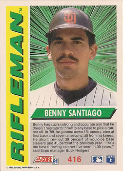 Baseball card of Benito Santiago in pinstriped uniform for San Diego Padres