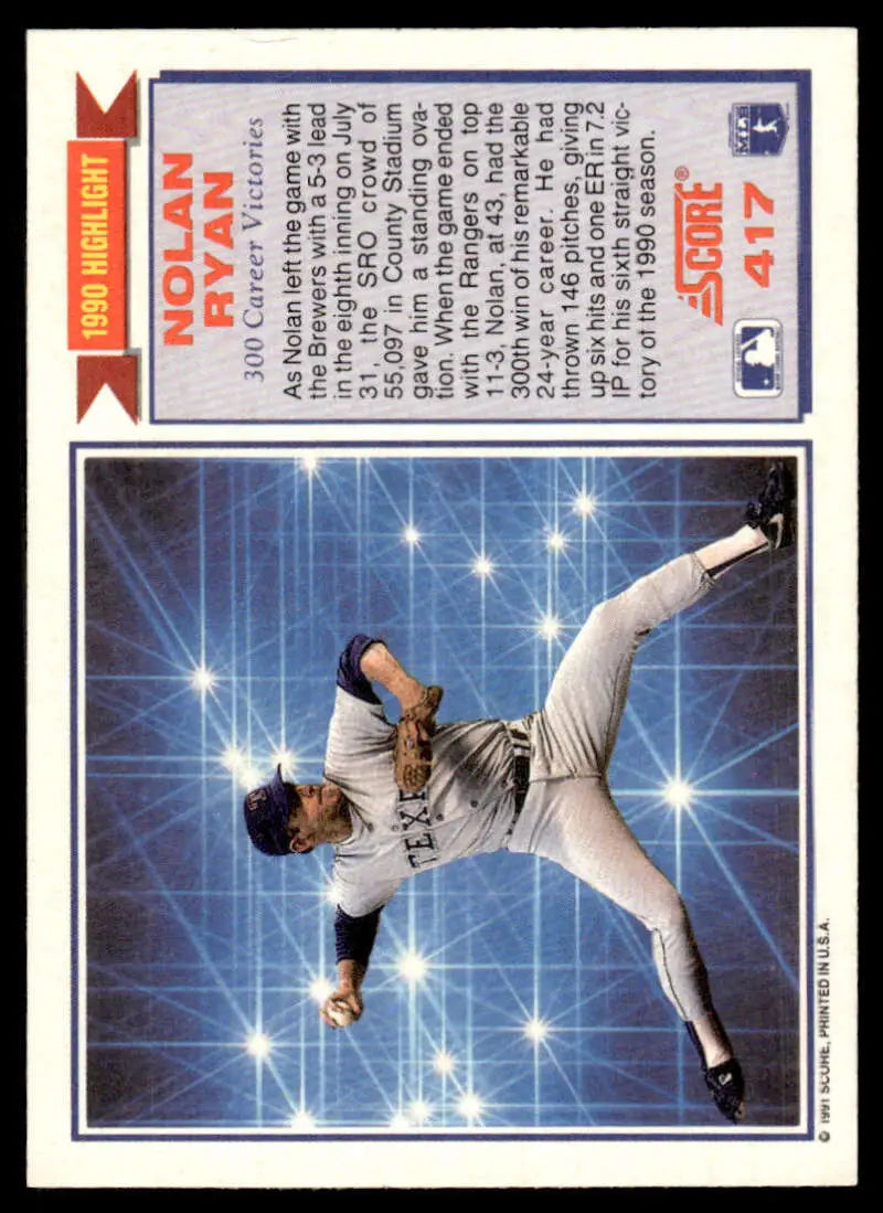 Nolan Ryan Texas Rangers baseball card showcasing high-kick delivery on starry background