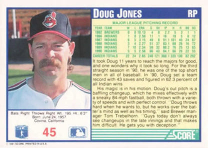 Baseball card featuring Doug Jones of the Cleveland Indians in a navy cap