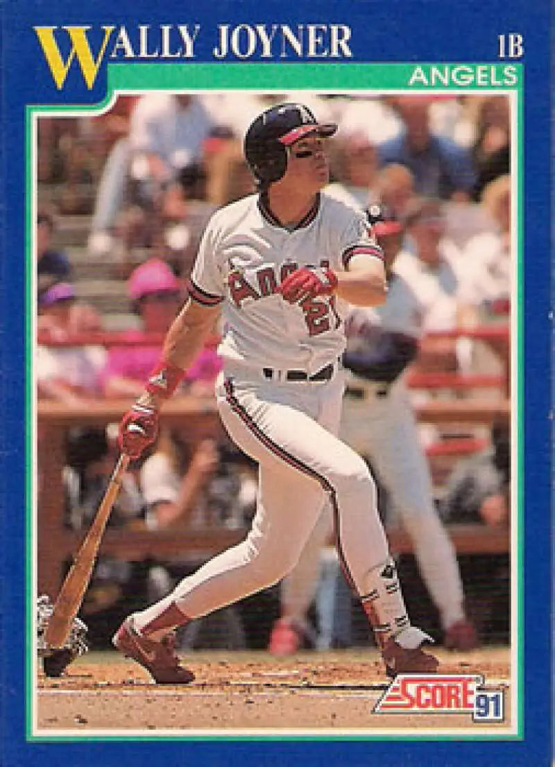 Wally Joyner at bat in white uniform on 1991 Score California Angels baseball card