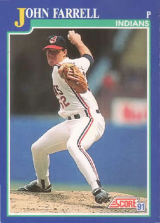 John Farrell pitching in white and red uniform on 1991 Score #50 Cleveland Indians card