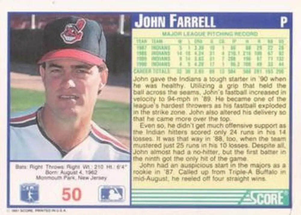 John Farrell Cleveland Indians Baseball Card with red cap and team logo 1991 Score #50