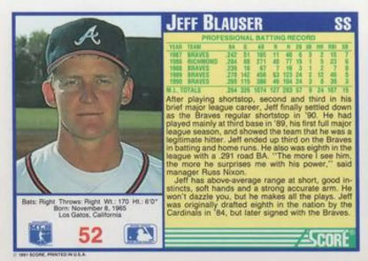 1991 Score #52 Jeff Blauser NM-MT Atlanta Braves Baseball Card Image 2