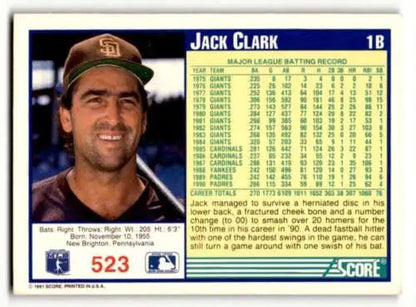 Jack Clark baseball card featuring original gloss from 1991 Score San Diego Padres