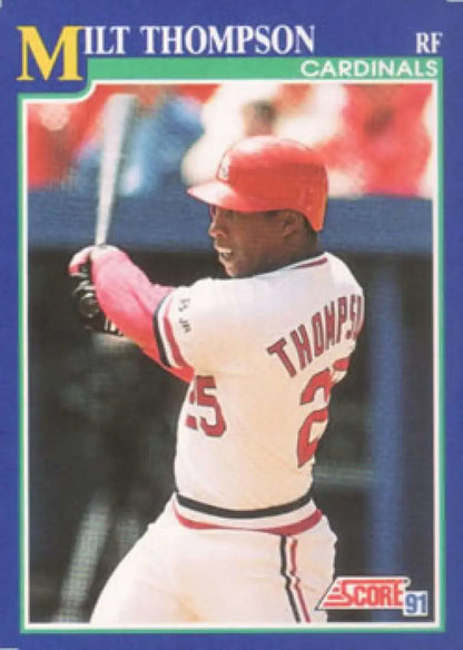 Baseball card of Milt Thompson batting in St. Louis Cardinals white uniform