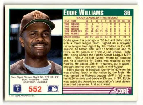 Eddie Williams San Diego Padres baseball card with original gloss, 1991 Score #552