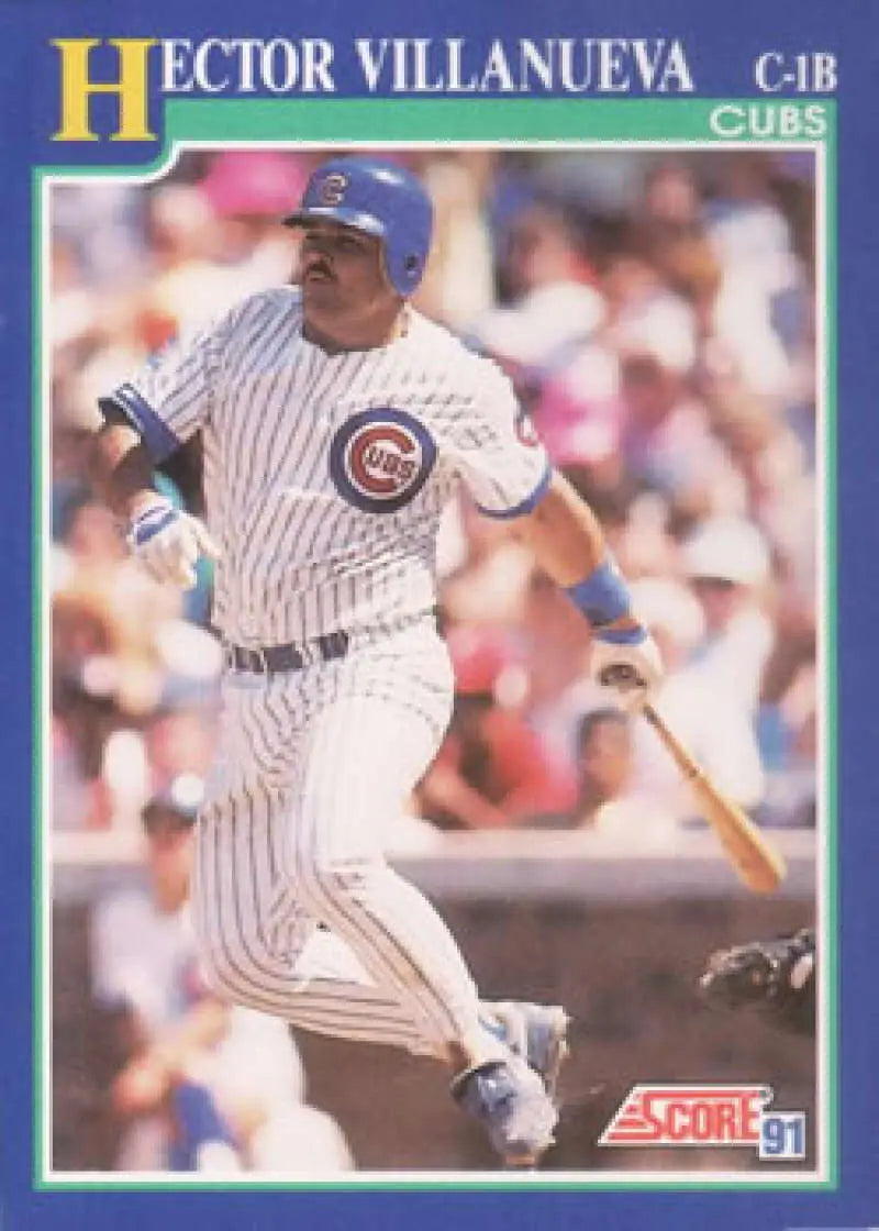 Baseball card of Hector Villanueva in pinstripe uniform for Chicago Cubs