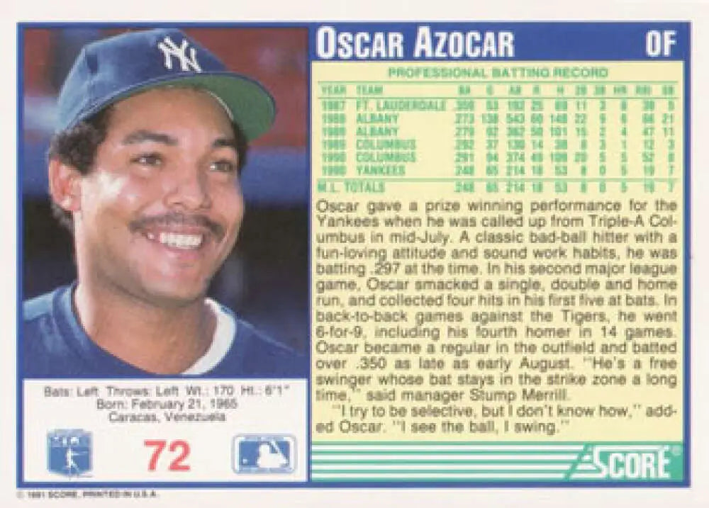 Baseball card of Oscar Azocar showcasing New York Yankees player statistics and biography