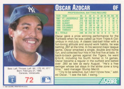 Baseball card of Oscar Azocar showcasing New York Yankees player statistics and biography