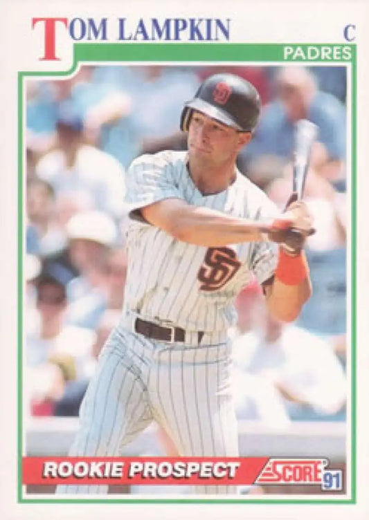 1991 Score Baseball Card of Tom Lampkin in San Diego Padres pinstriped uniform at bat