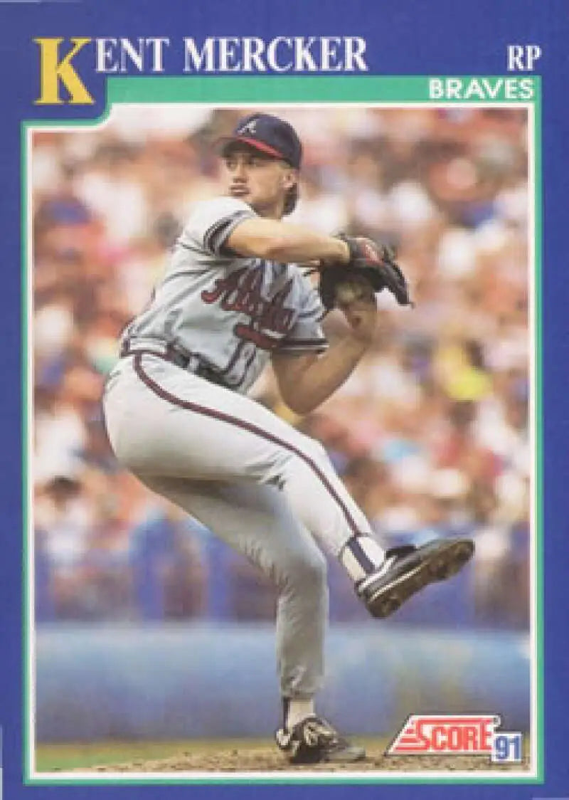 Baseball card of Kent Mercker pitching for the Atlanta Braves in mid-delivery motion