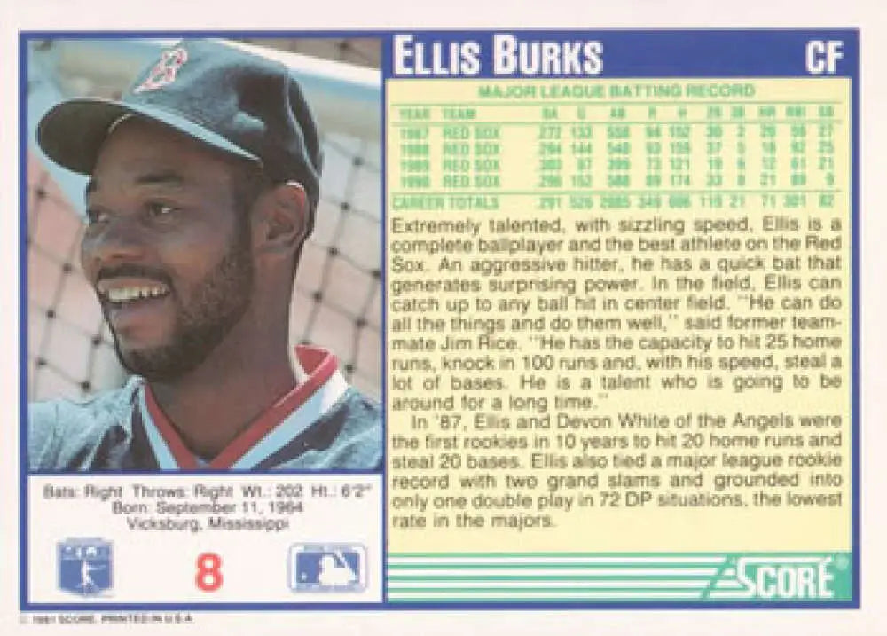 Boston Red Sox baseball card of Ellis Burks smiling in team cap from 1991 Score