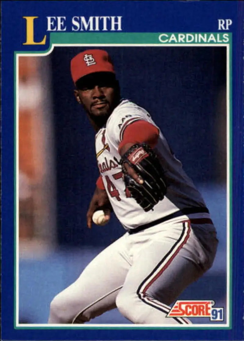 Lee Smith mid-delivery in white and red, featured on a Cardinals baseball card