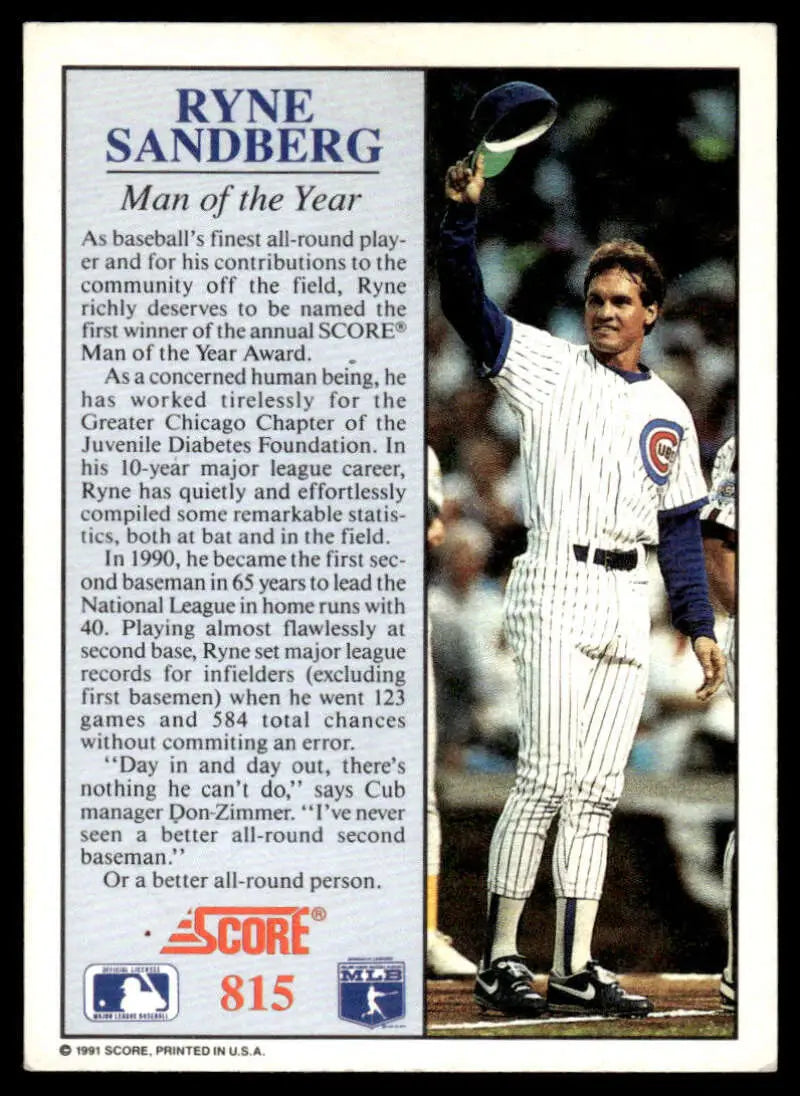 Ryne Sandberg Chicago Cubs baseball card in white home uniform from 1991 Score #815