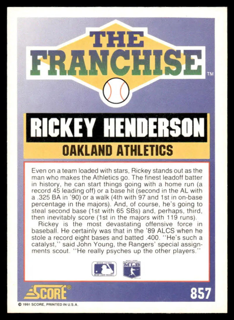 Baseball card of Rickey Henderson from the Oakland Athletics, 1991 Score #857 NM-MT