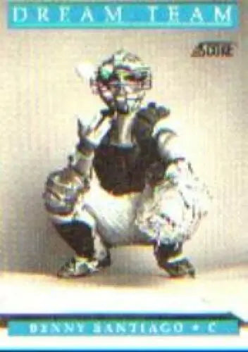 Baseball catcher in white uniform showcases original gloss of 1991 Score #893 Benito Santiago