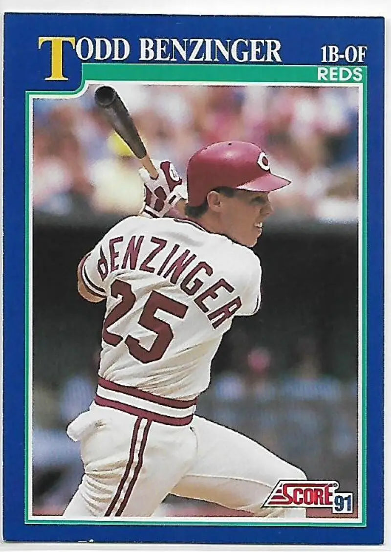 Baseball card of Todd Benzinger in batting stance for Cincinnati Reds wearing number 25