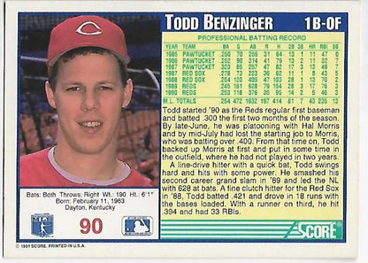 Baseball card of Todd Benzinger in red cap for Cincinnati Reds collectible series