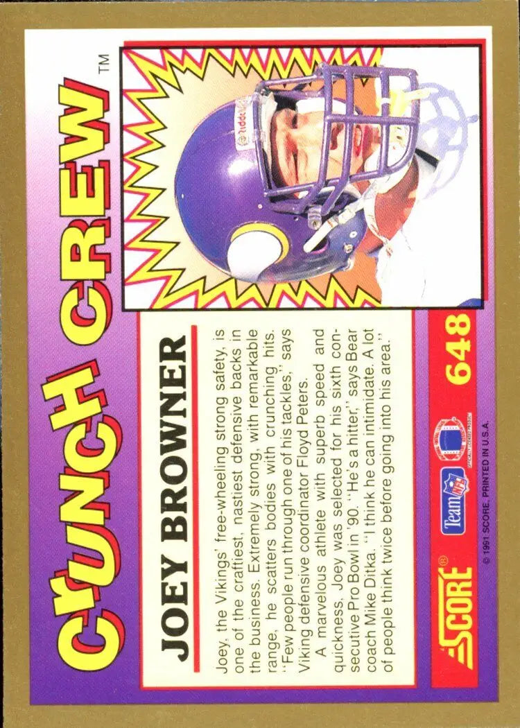 1991 Score Joey Browner Crunch Crew Insert Minnesota Vikings Football Card #648