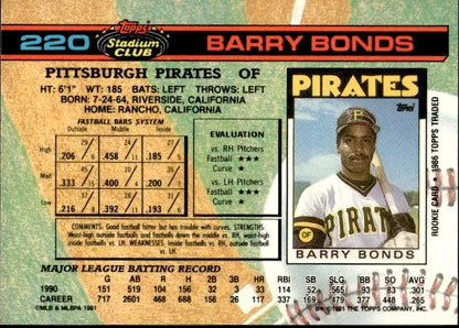 Baseball card of Pittsburgh Pirates player Barry Bonds in 1991 Stadium Club design