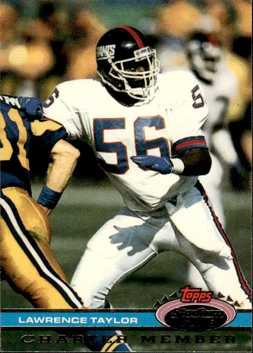 New York Giants linebacker number 56 in white uniform during gameplay for Lawrence Taylor card