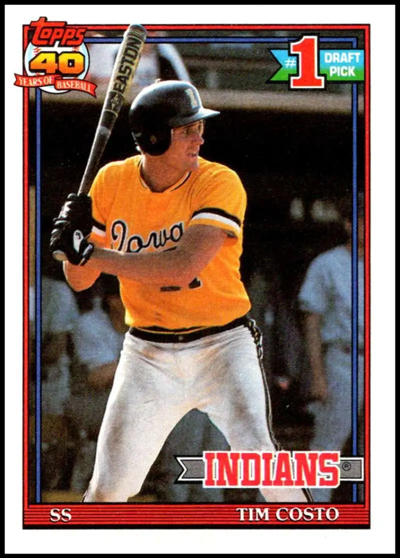 Tim Costo at bat in yellow Iowa Indians uniform on Cleveland Indians baseball card