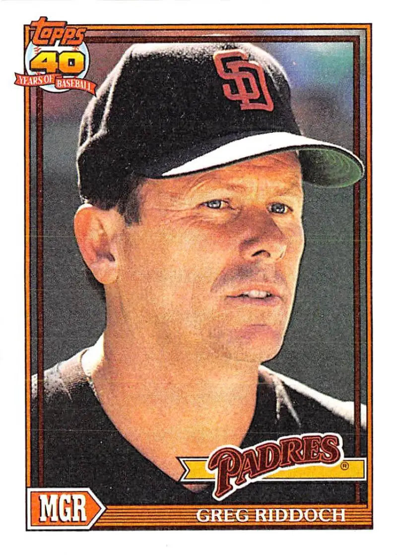 Baseball card of Greg Riddoch, San Diego Padres manager, in team cap