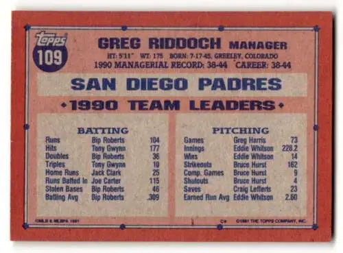 Baseball card back of 1991 Topps #109 Greg Riddoch San Diego with original gloss