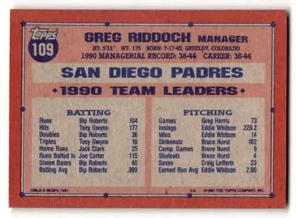 Baseball card back of 1991 Topps #109 Greg Riddoch San Diego with original gloss