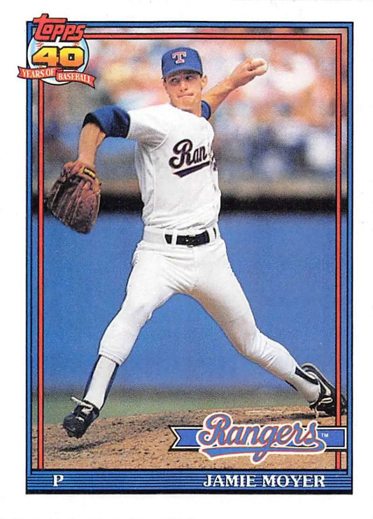 Jamie Moyer Texas Rangers baseball card in white uniform mid-delivery pose