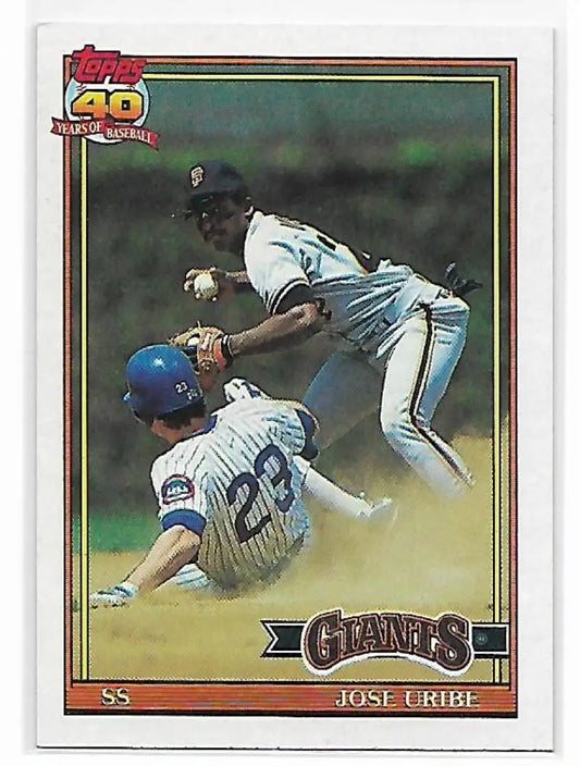 Jose Uribe sliding baserunner and infielder in dramatic double play on San Francisco Giants card