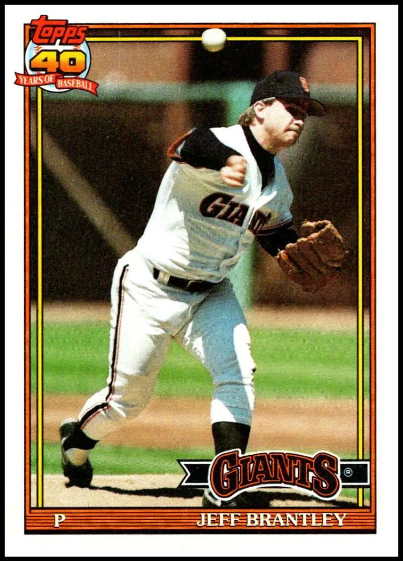 Baseball card of Jeff Brantley, San Francisco Giants pitcher in delivery motion