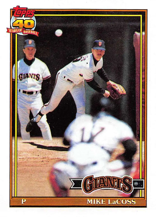 Baseball card of Mike LaCoss pitching for the San Francisco Giants in 1991 Topps