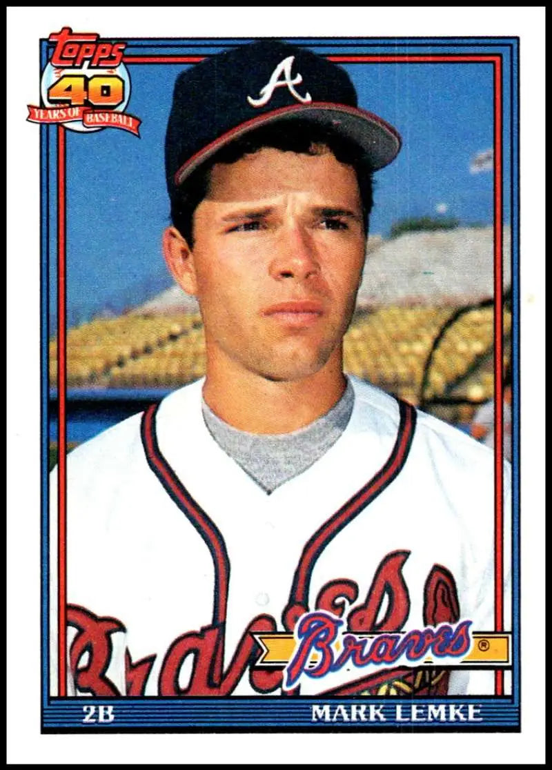 Mark Lemke baseball card in white home uniform for Atlanta Braves from 1991 Topps