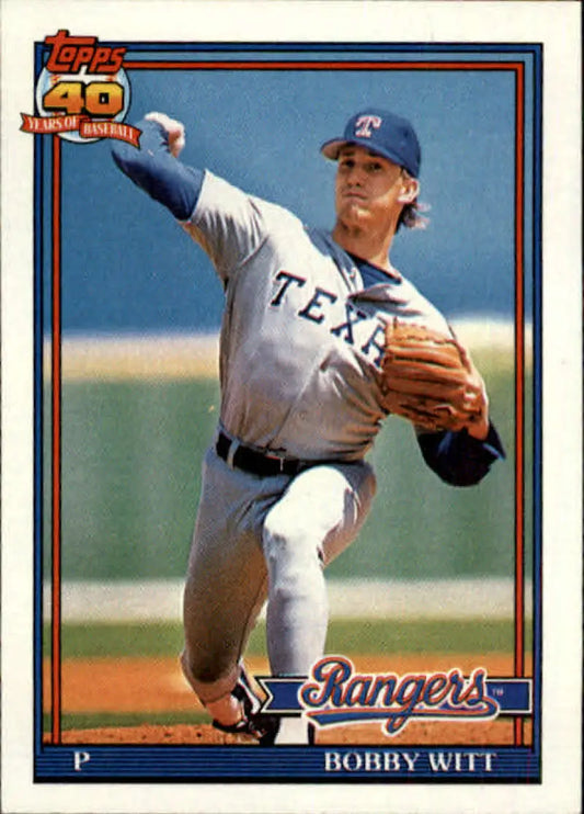 Bobby Witt mid-throwing action on a Texas Rangers baseball card 1991 Topps #27